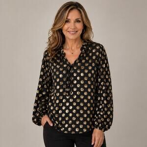 A Love Story 2X Black Gold Velvet Burnout Tie Neck Blouse Polka Dot Boho